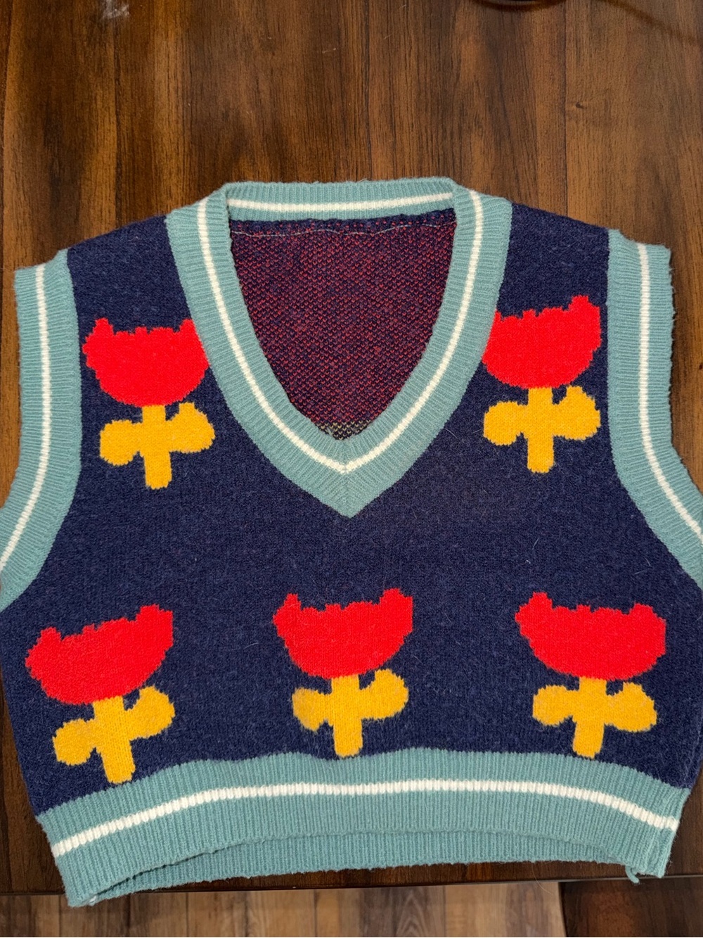 Kina and Tam Navy Floral Knit Sweater Vest with Red Tulips